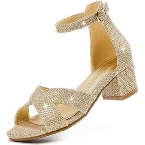 Laurmosa Girls 4 Gold Glitter Open Toe 1.75" Block Heel Ankle Strap Sandal Shoes